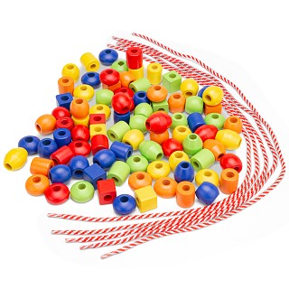 New Classic Toys - Wooden Lacing Beads - 90 pieces and 5 cords